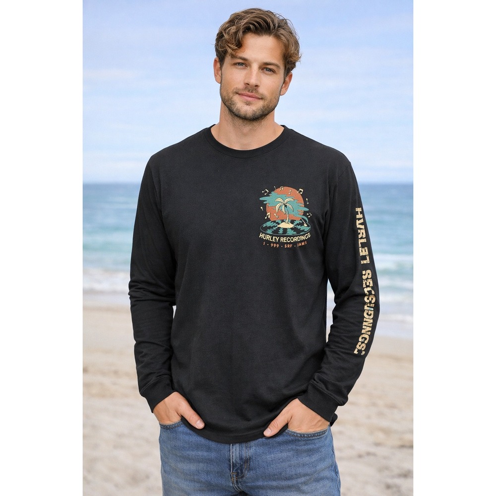 Hurley Recordings Mens Long Sleeve T-Shirt Black Graphic Surf Tee Large Surfcore